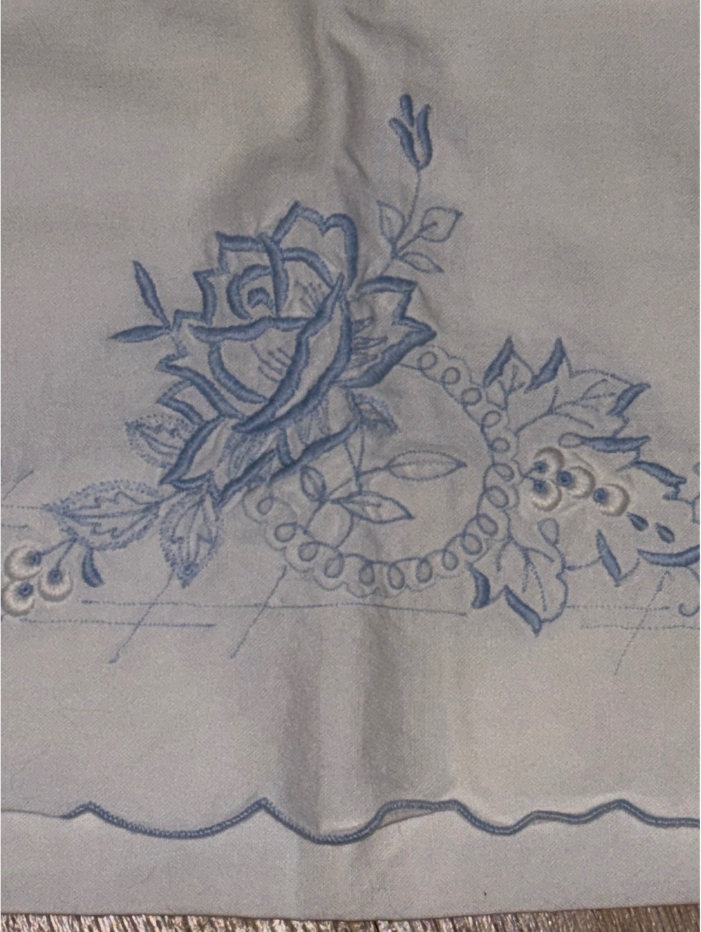 Vintage Blue Rose Embroidered Pillowcase 27” D193